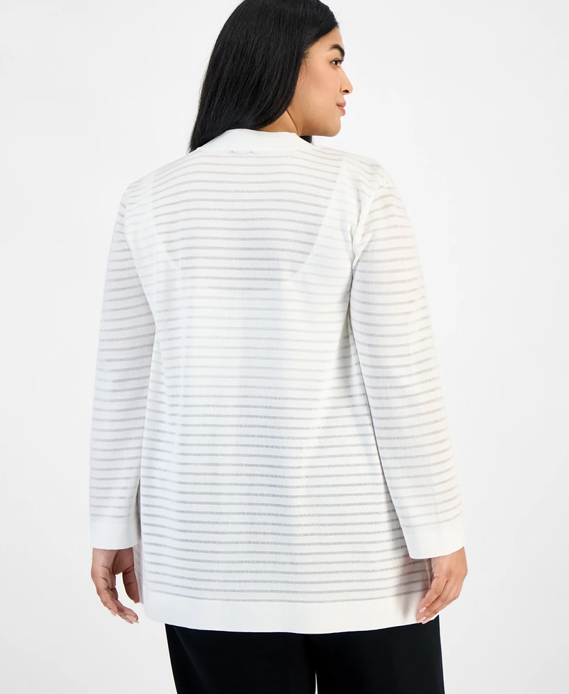 Anne Klein Plus Shadow-Striped Open-Front Cardigan