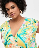 I.n.c. International Concepts Plus Printed Side-Tie Cap-Sleeve Surplice Top, Exclusively at Macy's