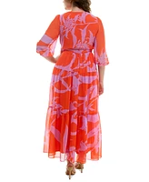 Taylor Plus Size V-Neck 3/4-Sleeve Tiered Maxi Dress