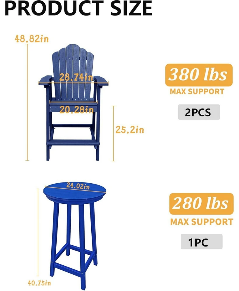 Tall Adirondack Chair with Bar Table Patio Chairs Outdoor Barstool Furniture Set Balcony for Lawn Backyard Garden, Blue