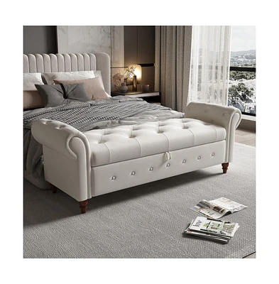 63 Inch Upholstered Storage Bench with Rolled Arms, Tufted Ottoman Large Hidden Compartment-The Pop Home