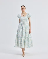 Reistor Women's Puff Sleeve Tiered Midi Dress Blue Florals