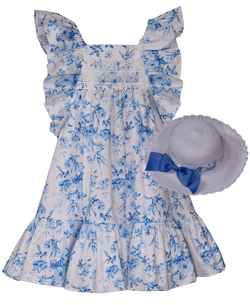 Bonnie Jean Little Girls 2-Piece Toile Pinafore Dress and Matching Hat Set