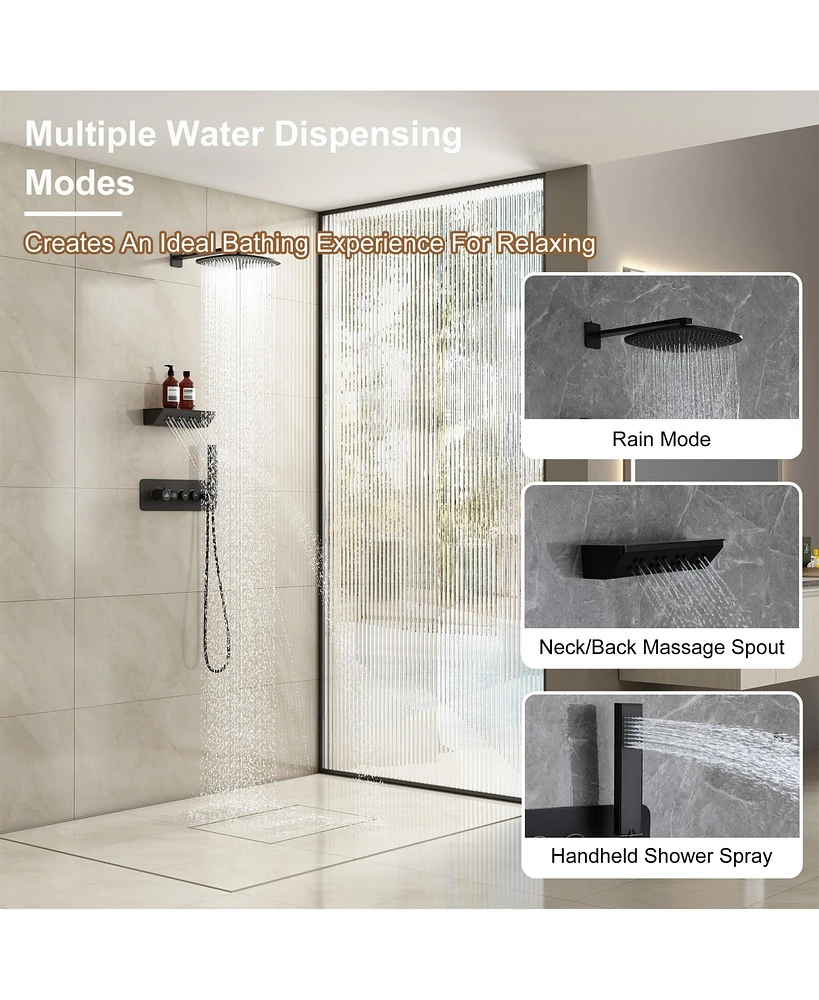 12 Inch Wall Mounted Thermostatic Shower System with Handheld Sprayer Rainfall Shower System with Neck/Back Massage Spout Shampoo Shelf