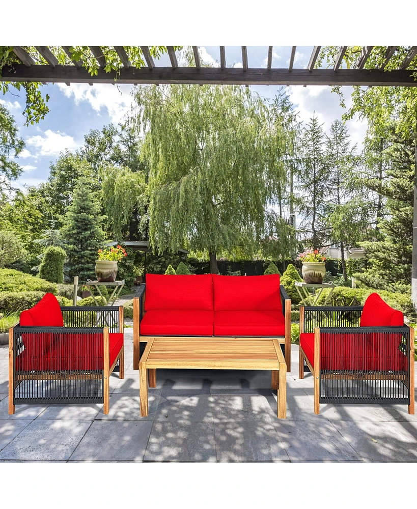 Gymax 8PCS Patio Outdoor Furniture Conversation Set Acacia Wood W/ Cushions