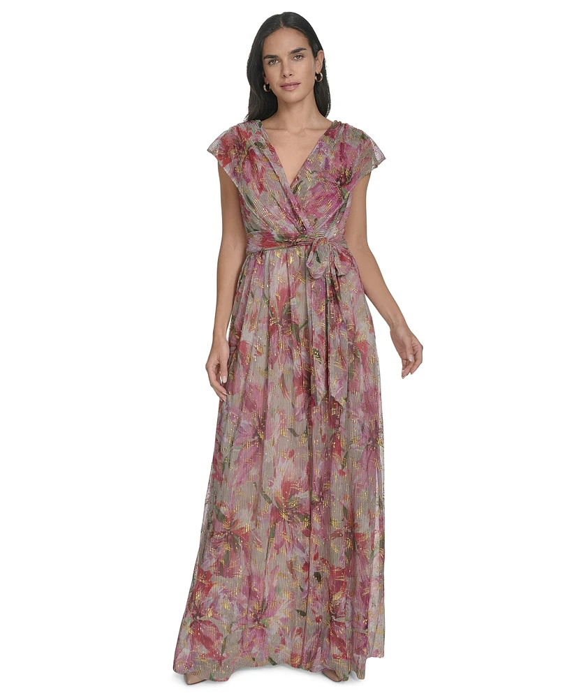 Jessica Howard Women's Metallic Floral-print V-neck Surplice Gown