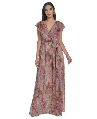 Jessica Howard Women's Metallic Floral-print V-neck Surplice Gown