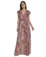 Jessica Howard Women's Metallic Floral-print V-neck Surplice Gown
