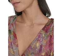 Jessica Howard Women's Metallic Floral-print V-neck Surplice Gown