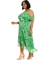 London Times Plus Size Printed Cold-Shoulder Ruffle Dress