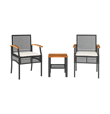3 Piece Bistro Set with Cushions Black Poly Rattan Acacia Wood