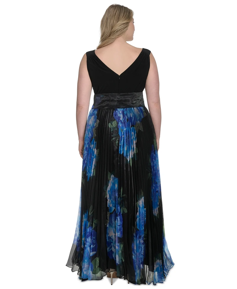 Eliza J Plus V-Neck Printed Pleated Organza Gown