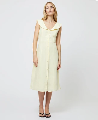 French Connection Women's Birdie Butter Yellow Linen Collared Midi Dress