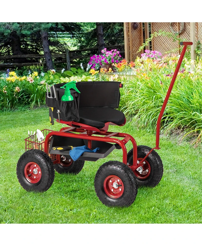 Rolling Garden Cart with Height Adjustable Swivel Seat and Storage Basket