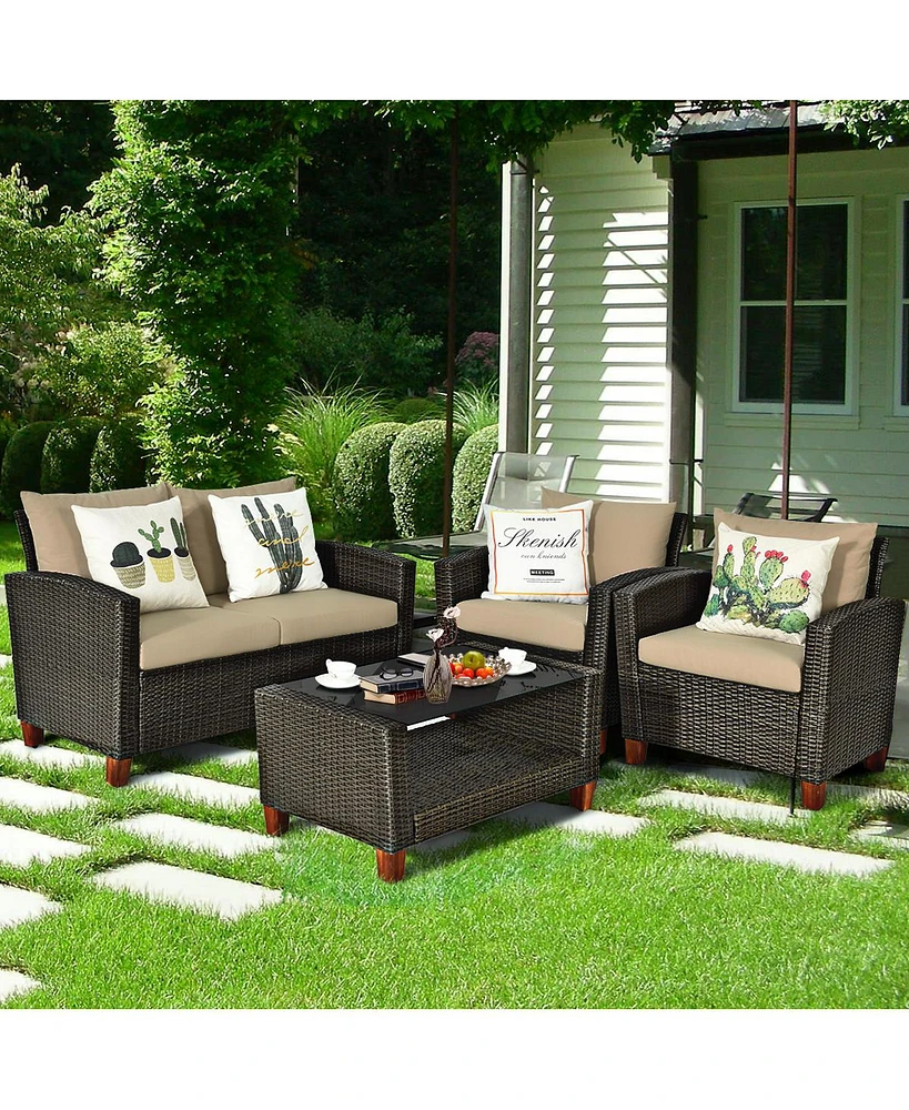 8PCS Patio Rattan Furniture Set Solid Wood Leg Cushioned Sofa Garden Lawn