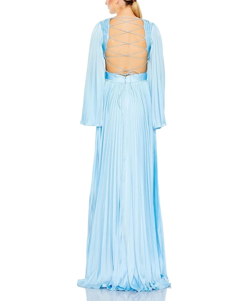 Mac Duggal Women's Long Sleeve Lace up Back Charmeuse Gown