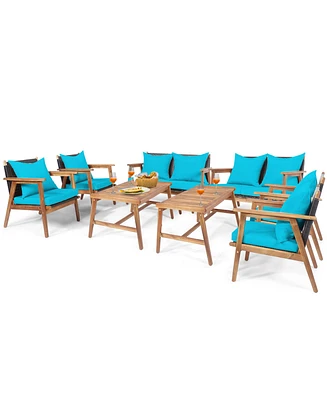 Gymax 8 Piece Wood Frame Furniture Set Patio Conversation Set w/ Cushions