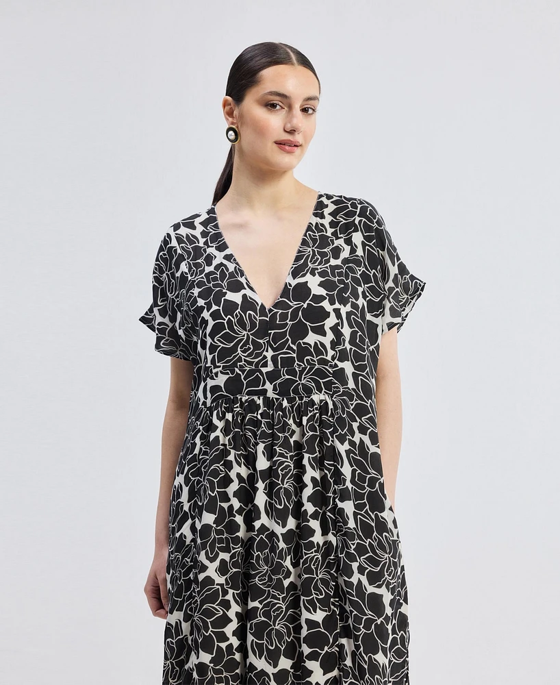 Reistor Women's Deep V-neck Maxi Dress with Front Gathers Black Florals