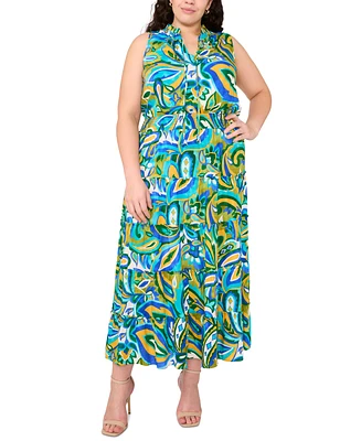 Msk Plus Printed Split-Neck Smocked-Waist Tiered Dress