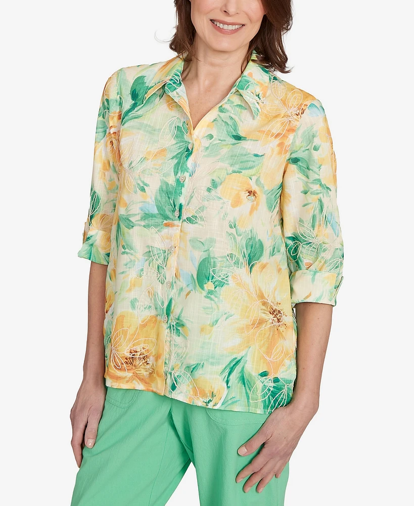 Alfred Dunner Petite Rise & Shine Watercolor Floral Tie Sleeve Button Down Top