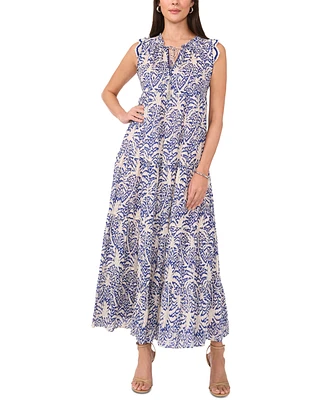 Vince Camuto Women's Printed Sleeveless-Crocheted-Trim Maxi Dress