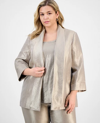 Kasper Plus Drape-Neck Open-Front Cuffed-Sleeve Blazer
