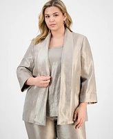 Kasper Plus Drape-Neck Open-Front Cuffed-Sleeve Blazer