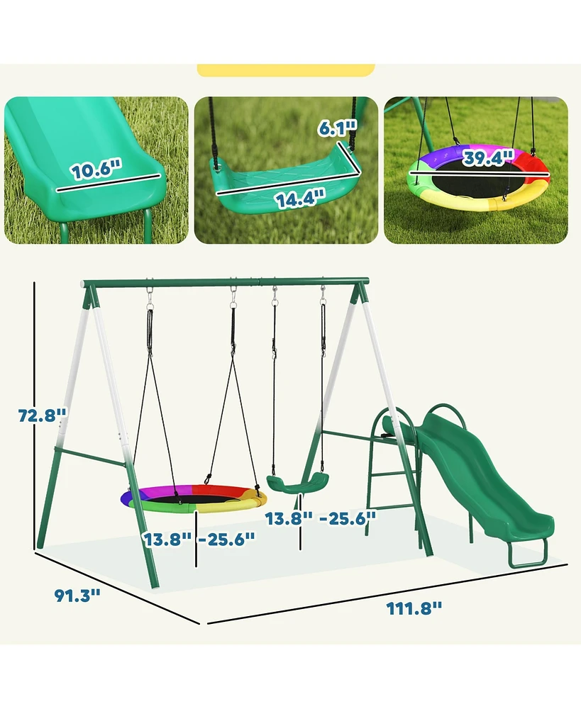 Qaba Metal Swing Set with Slide, Heavy Duty Swing Set,