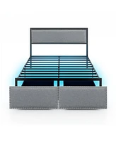 Full Size Bed Frame with Led Lights Drawer and Metal Slats-Full Size