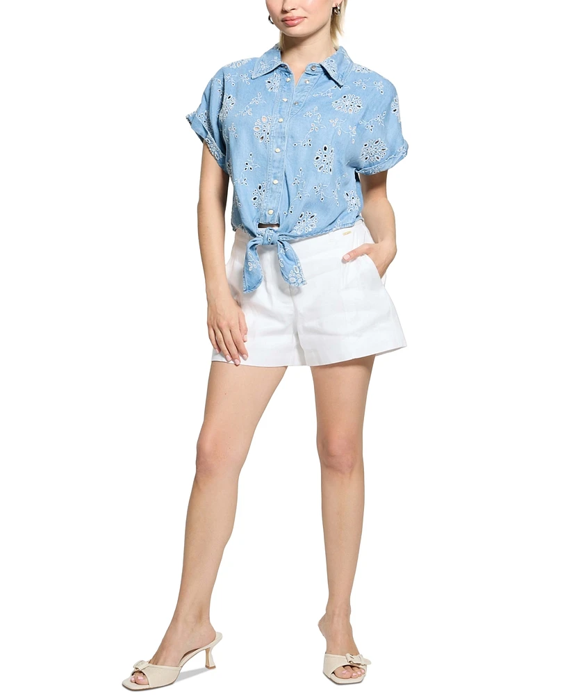 Guess Women's Brigitte Eyelet Tie-Front Cap-Sleeve Shirt