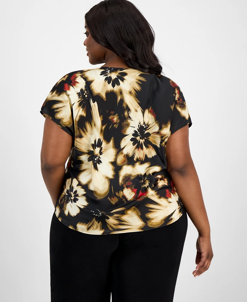 Anne Klein Plus Floral-Print Cap-Sleeve Top