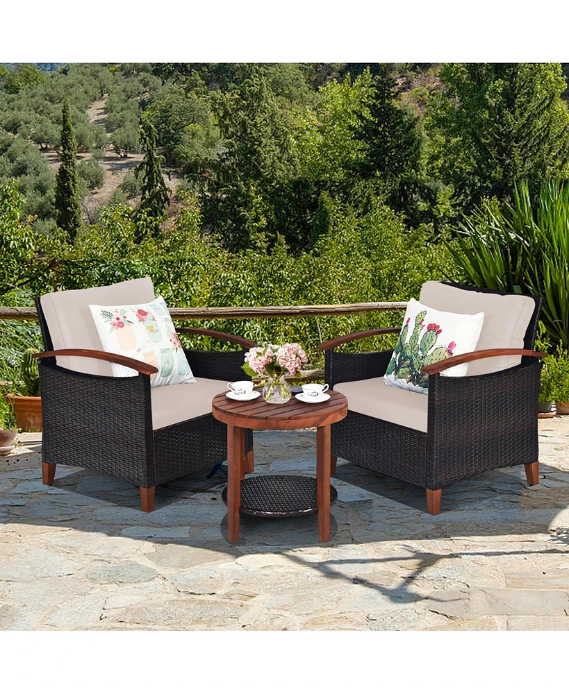 Gymax 3PCS Outdoor Patio Rattan Conversation Set Outdoor Furniture Set w/ Cushion
