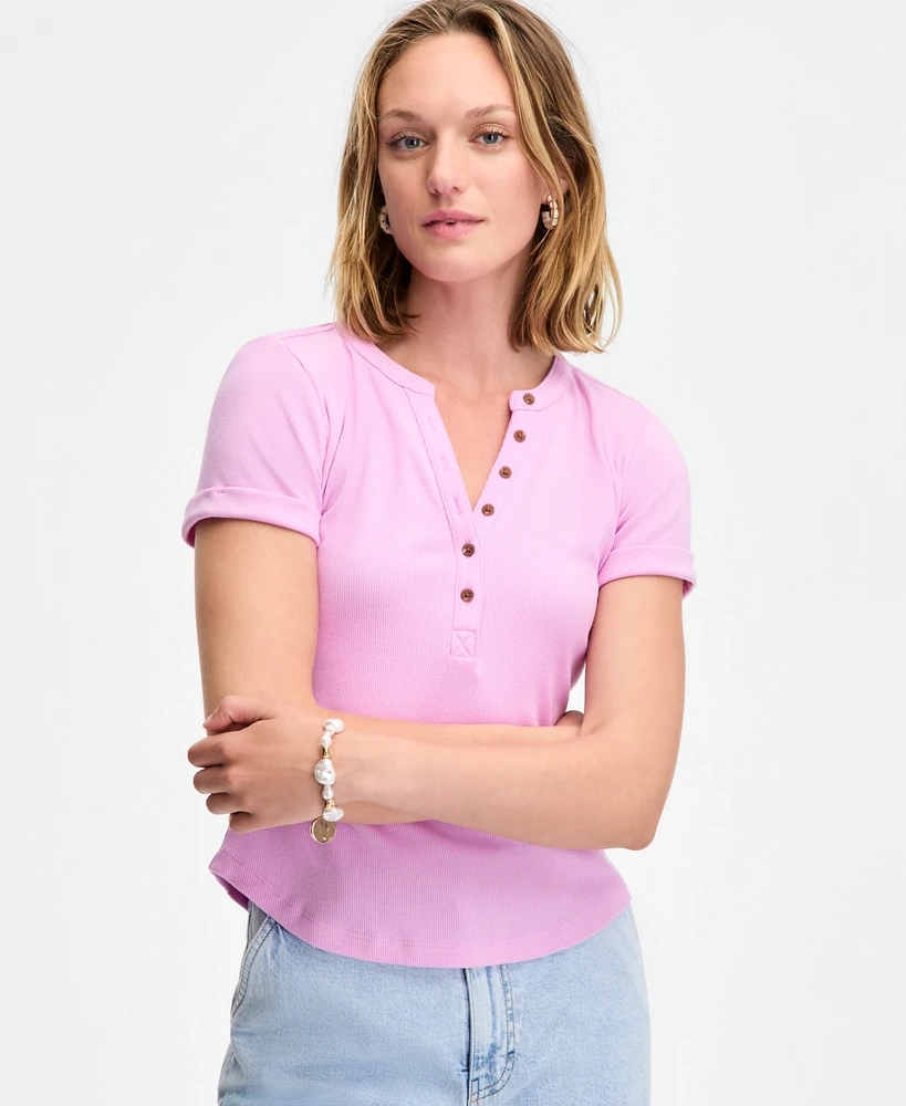 On 34th Women's Roll Cuff Rib-Knit Henley T-Shirt, Exclusively at Macy's