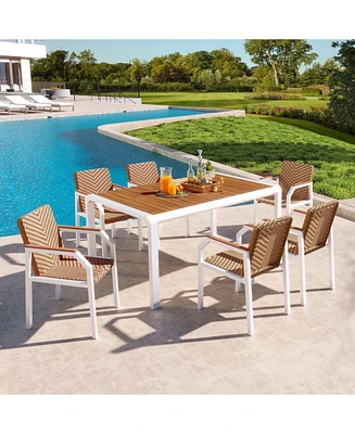 7pc Patio Dining Set, Wicker chairs, acacia tabletop, brown rattan