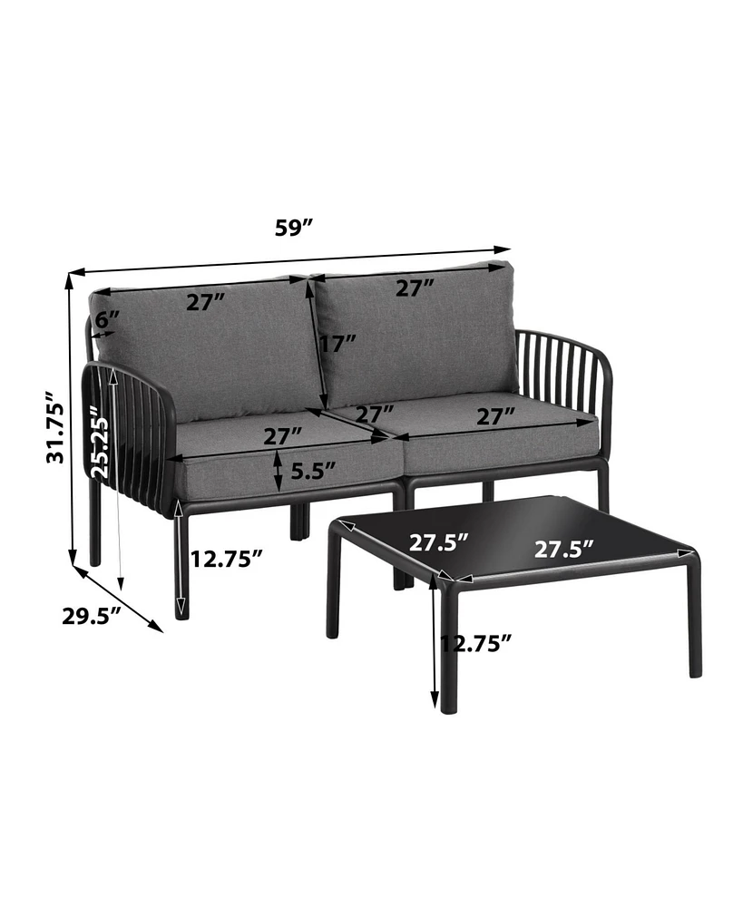 9pc Patio Set, Modern sectional with 2 tables, waterproof cushions, black & gray