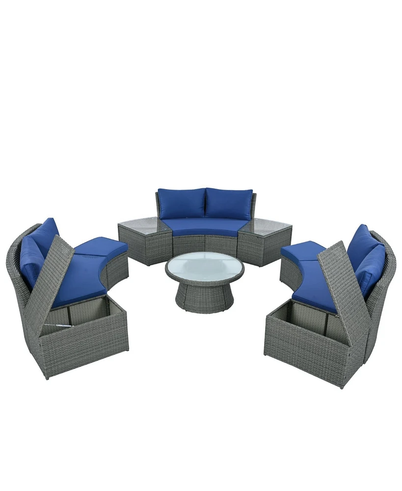 10-Pc Half-Round Rattan Patio Sofa Set, Free Combo, Blue
