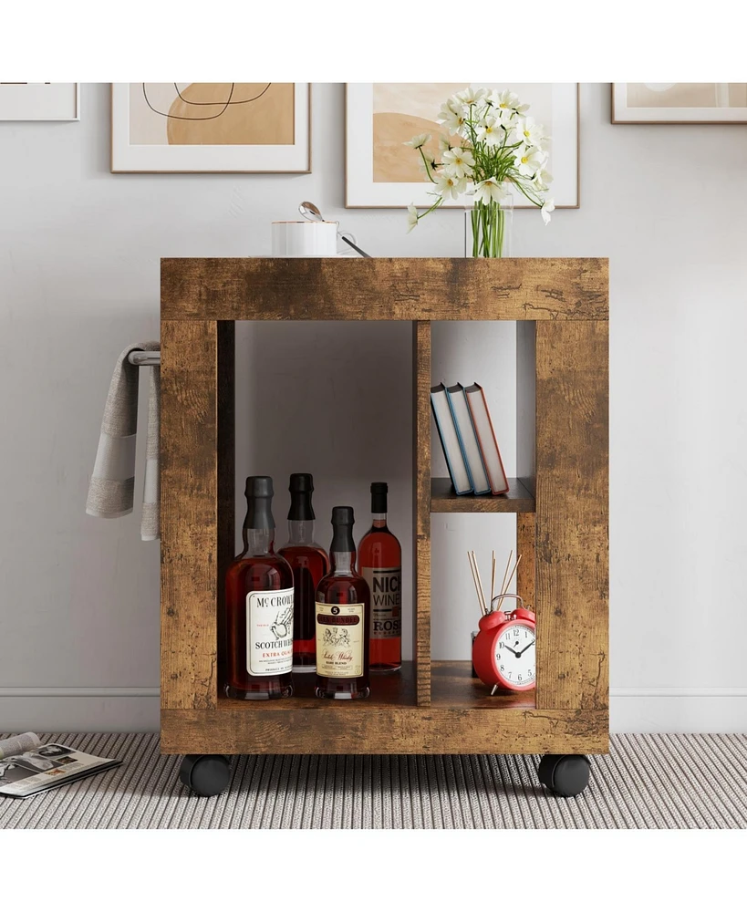 Mid-century modern style movable side cabinet for sofa, household brown trolley storage locker and shelf for living room