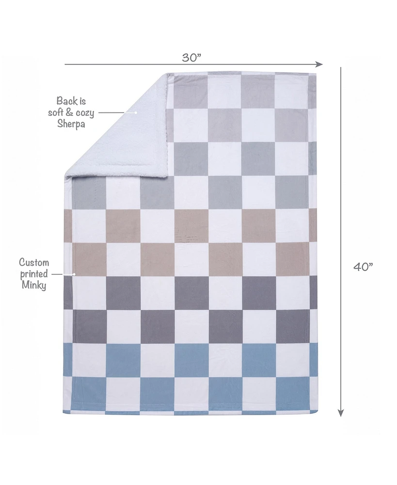 Lambs & Ivy Little Racer Soft Checkered Blue/White/Taupe Fleece Baby Blanket