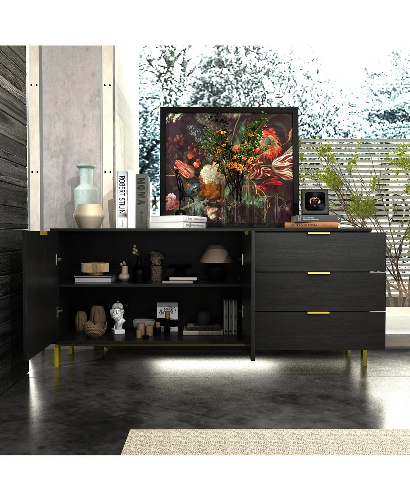Tv stand with three drawers and two cabinet doors, media console with metal feet, wooden entertainment center