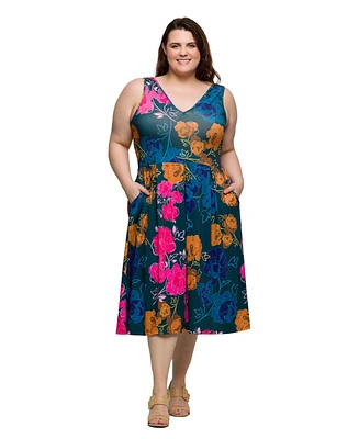 24seven Comfort Apparel Plus Size Midi Length Print Sleeveless Pleated Pocket Dress