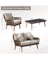 Patio Conversation Sets 4-Pieces, Handwoven Rattan Wicker Aluminum Frame Outdoor Patio Set, All-Weather Modern Rope Patio Loveseat with Coffee Table f