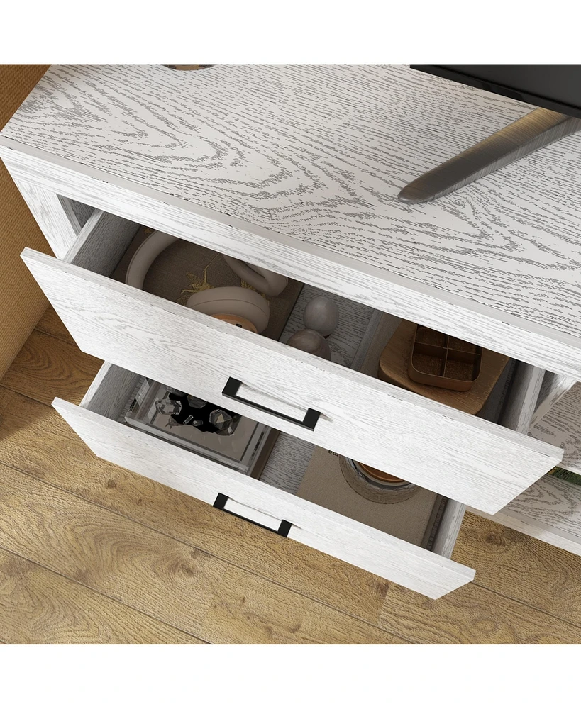 Tv stand with 4 drawers and 2 compartments, brown wood media console, multi-purpose entertainment center