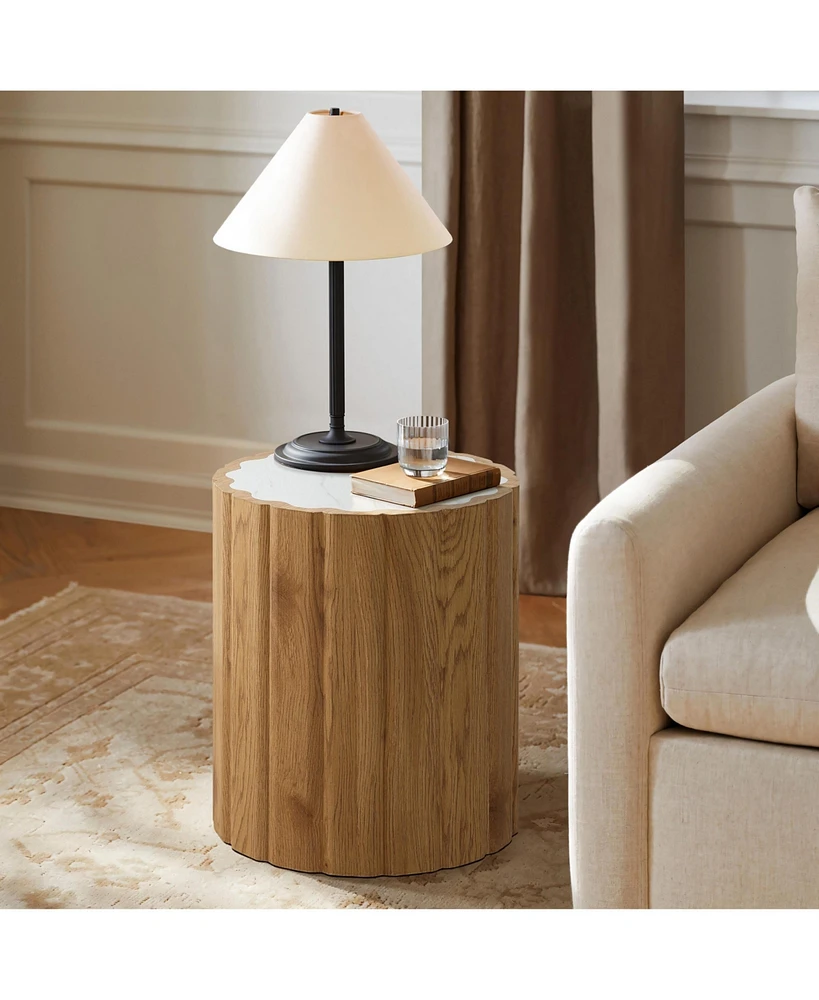 LuxenHome Wood Grain Manufactured Wood 18.9-Inch Tall Round End and Side Table with Faux Marble Top