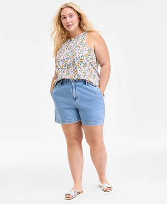 On 34th Trendy Plus Paper-Bag Elastic Waist Denim Shorts, Exclusively at Macy's