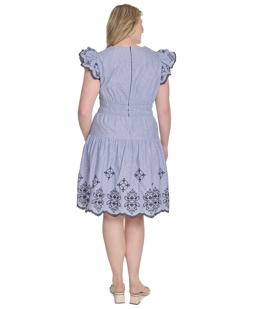 Vince Camuto Plus Flutter-Sleeve Embroidered Cotton Dress