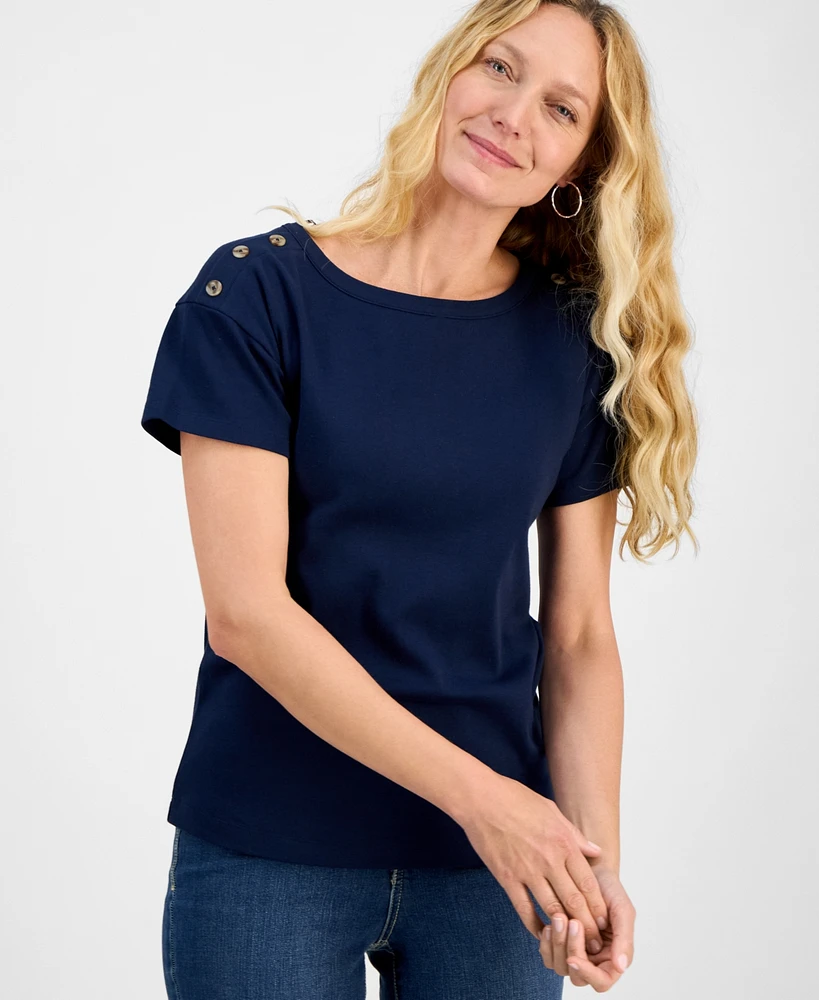 Style & Co Petite Cotton Button-Shoulder Tee, Exclusively at Macy's