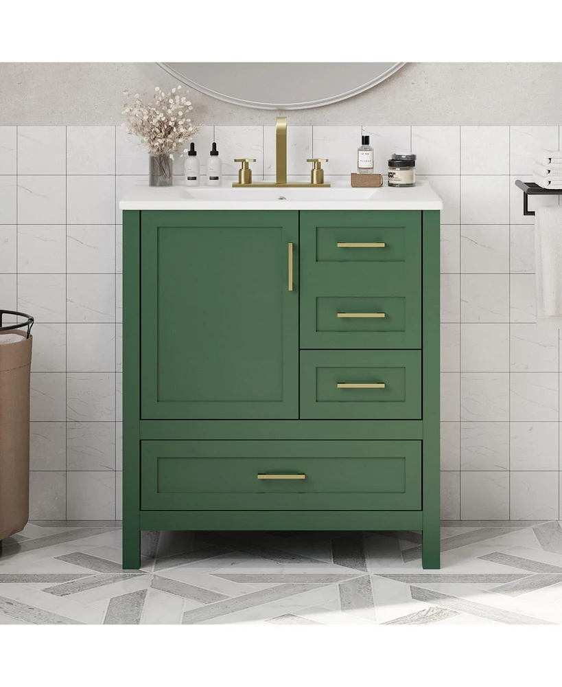 30" Green Bathroom Vanity Set with Sink, Storage Cabinet, Soft Close Drawers, Removable Tray