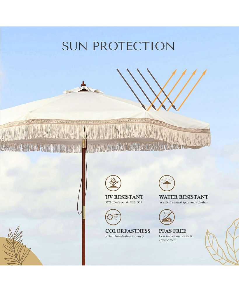 LAGarden Boho 9' Fringe Patio Umbrella with Tassels UPF50+ Boho Style 5-Year-Non-Fading for Outdoor Yard Market Ivony Xchevron