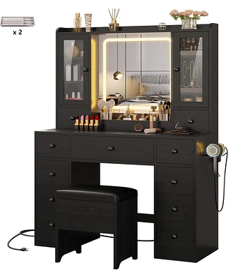 Vanity Desk with Led Lights Mirror and Charging Station, Makeup Vanity ...