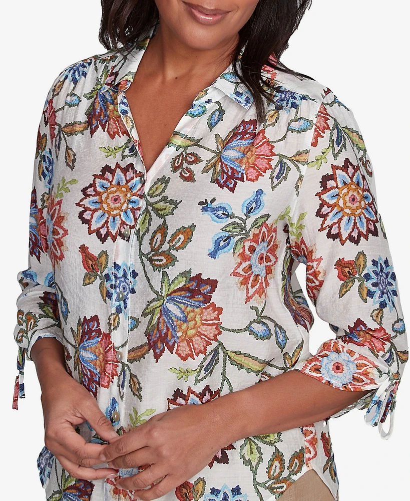 Alfred Dunner Women's Summer Solstice Batik Floral Button Front Top